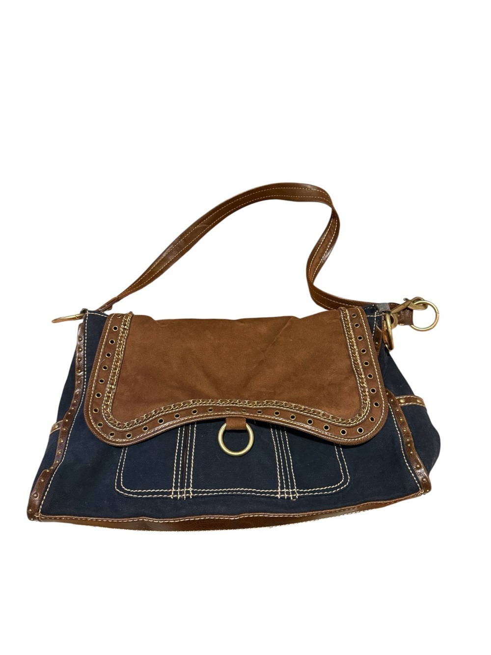Kathy van zeeland Suede & Canvas Brown and Navy Shoulder Bag
